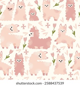 Cute fluffy llamas and alpacas seamless pattern with flowers isolated on a white background. Mother lama and her baby. Animal and nature-themed concept design. Vector illustration