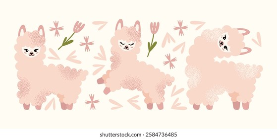 Cute fluffy llamas and alpacas set with flowers isolated on a white background. Mother lama and her baby. Animal and nature-themed concept design. Vector illustration