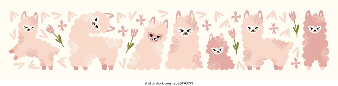 Cute fluffy llamas and alpacas set with flowers isolated on a white background. Mother lama and her baby. Animal and nature-themed concept design. Vector illustration