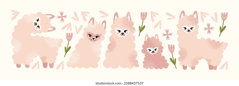 Cute fluffy llamas and alpacas set with flowers isolated on a white background. Mother lama and her baby. Animal and nature-themed concept design. Vector illustration