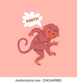 Cute fluffy monkey dancing and smiling. Cartoon funny chimpanzee have fun on disco party. Music wild animal entertainment. Vector flat happy mammal character illustration isolated