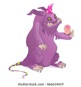 Cute fluffy monster in the cap and with cupcakes in hand. Character for your design on white background.