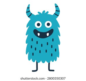Cute fluffy monster isolated on white background. Adorable friendly beast creature smiling. Vector flat illustration