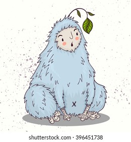 Cute fluffy monster with leaf. Wonder emotion.Vector kids illustration.