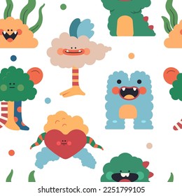 Cute fluffy monsters vector cartoon seamless pattern background for wallpaper, wrapping, packing, and backdrop.