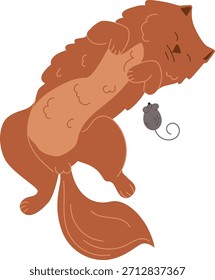 Cute fluffy orange cat sleeping curled up with a little mouse nearby. Great for cozy, playful and pet-themed illustrations.