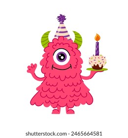 Cute fluffy pink monster with cake in flat style. Birthday, holiday, congratulation. Kids monster character.