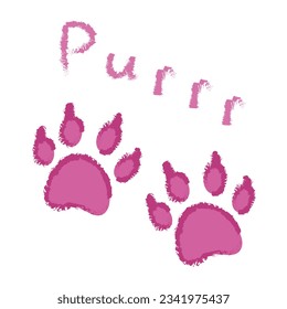 Huellas de gato de mascota color rosa mullido con letras Purr. Vector aislado. Diseño para una tarjeta, portada, tarjeta de felicitación, impresión de ropa animal, scrapbooking, tienda de mascotas.