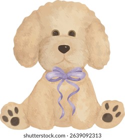 Cute fluffy plush dog with a bow and ribbon. Soft pastel colors, perfect for baby shower cards, nursery decor, kids’ invitations, and children’s designs.