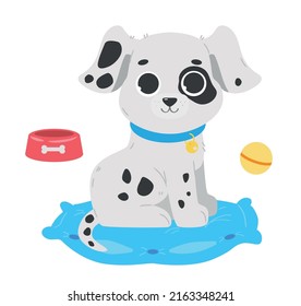 Un adorable cachorro esponjoso se sienta en una almohada. Dalmatian con collar y accesorios. Ilustración vectorial con una mascota al estilo de las caricaturas.