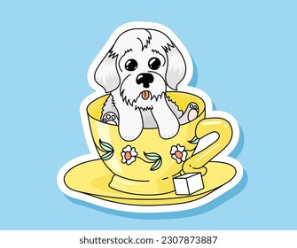 A cute fluffy puppy sits in a tea cup with a saucer. Outline vector colored sticker.