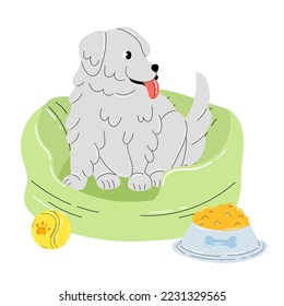 Cute fluffy puppy sitting in dog bed at home. Isolated on white background. Adorable fluffy little dog with 
ball and food bowl. Happy  funny pet. Flat minimalist vector illustration. Domestic animal.