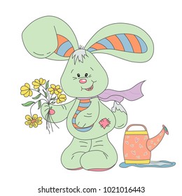 Cute fluffy rabbit with flowers. vector drawing