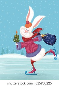 Cute fluffy rabbit ice-skating and holding a decorated with vegetables christmas tree and a filled with gifts bag 