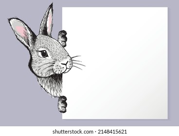 A cute fluffy rabbit peeks out of a white leaf. Space for text. Hand-drawn illustration with a pen.