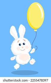 Cute fluffy rabbit running happily with a yellow balloon on a blue background. Cartoon vector illustration.