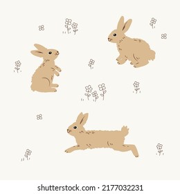 Cute fluffy rabbits with field flowers, sitting, standing, running, Vector illustration set