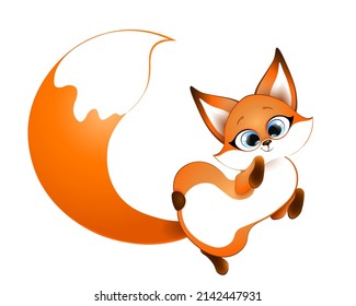 Cute fluffy red cartoon fox lies on her back. 