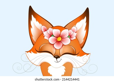 Cute fluffy red cartoon fox close up with wreath of flowers. 