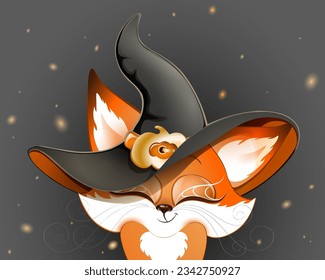 Cute fluffy red cartoon witch fox close up with Halloween witch hat and spiderweb on eyes