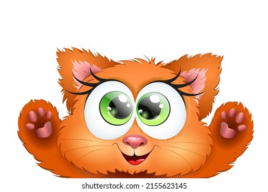 Cute fluffy red little cartoon Kitten girl put paws up