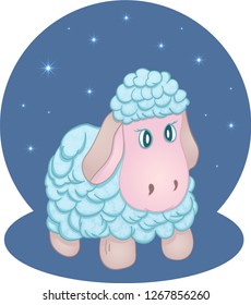 Cute fluffy sheep with blue wool on the background of the starry sky. Pastel colors for cards, children's albums, invitations and books.
