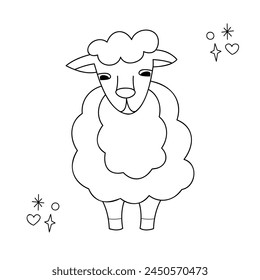 Cute fluffy sheep. Doodle outline vector black and white illustration. 