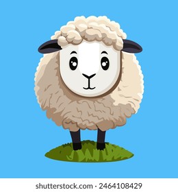 A cute, fluffy sheep with a happy expression stands on grass, showcasing a charming and simplistic cartoon style