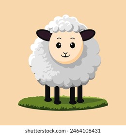 A cute, fluffy sheep with a happy expression stands on grass, showcasing a charming and simplistic cartoon style