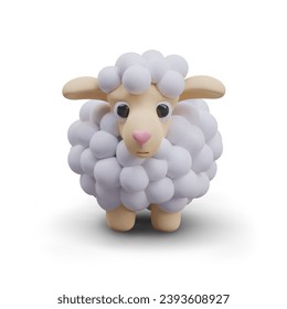 Cute fluffy sheep on white background. Game model, herding sheep concept. Realistic toy in white and beige colors. Vector illustration in 3D style with yellow object