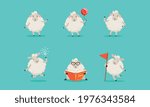 Cute Fluffy Sheep Reading Book and Holding Balloon Vector Set