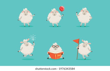 Cute Fluffy Sheep Reading Book and Holding Balloon Vector Set