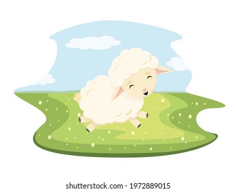 Cute fluffy sheep running around in the meadow. Children's illustration. Nursery.