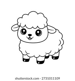 Cute fluffy sheep standing on four legs with big eyes and friendly smile usage