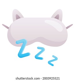 Cute fluffy sleep eye mask with cat ears and ties and letters zzz. Sleep time vector flat icon. Design element, funny night accessory.