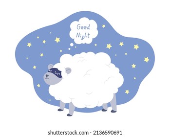 Cute fluffy sleeping sheep wearing eyes pad with "Good Night" message on blue sky plenty of stars. Concept of good dream, sleeping. Cartoon for kids. Flat vector illustration.