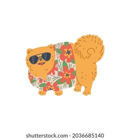 Cute fluffy small dog cartoon character in Hawaiian shirt and goggles, flat vector illustration isolated on white background. Little puppy dog on summer vacation.