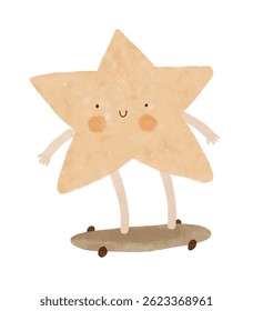 Cute Fluffy Smiling Star Riding A Skateboard. Childish Drawing-like Vector Illustration Of Happy Star Skateboarding. Nursery Art With Little Kawaii Star On A White Background. Kids Room Decoration.RGB