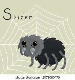 Araña esponjosa suave sobre un fondo de telaraña. Letra S del alfabeto. Ilustración de animales de bebé.