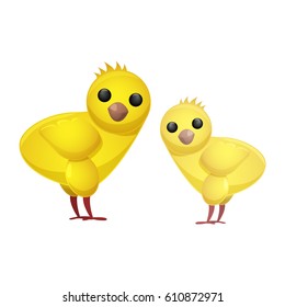 Cute fluffy spring chickens isolated on white background. Animalistic symbols of Easter celebration vector illustration. Friendly feast animal to make religious holiday attractive to children.