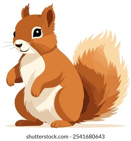 Cute fluffy squirrel with furry bushy tail standing on two paws. Flat graphic illustration isolated on transparent background. Forest animals collection vector art