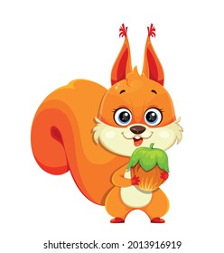 Cute fluffy squirrel holding nut, funny cartoon character