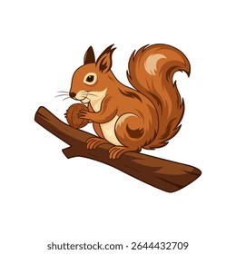 Cute fluffy squirrel sitting on a tree branch holding a walnut in its paws. Charming woodland animal vector illustration perfect for children's books, nature themes, and autumn designs.