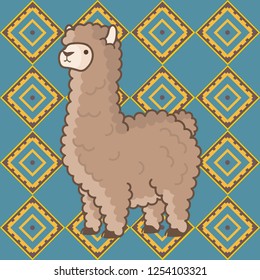 Cute fluffy sweet alpaca lama animal illustration drawing vector with seamless pattern background peru mexican aztec 