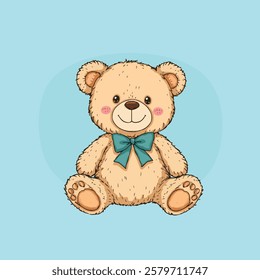 A cute, fluffy teddy bear with a light brown coat and a cheerful expression sits against a pastel blue background. It has rosy cheeks, bright eyes, and a charming green bow around its neck.