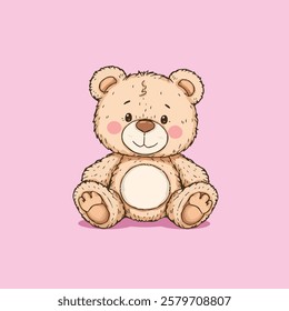 A cute, fluffy teddy bear with a round belly sits on a pink background. It has a friendly smile, rosy cheeks, and soft brown fur, giving it a warm and cuddly appearance.