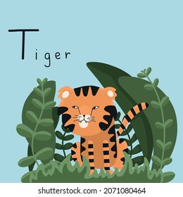 Cute fluffy tiger in the bushes. Letter T from the alphabet. Cute baby animal illustration.