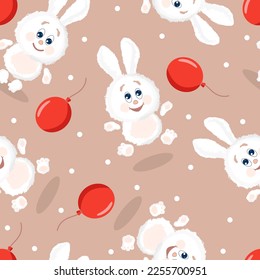 Cute fluffy white bunnies with red balloons on a mocha background. Cartoon vector illustration.  Seamless pattern.
