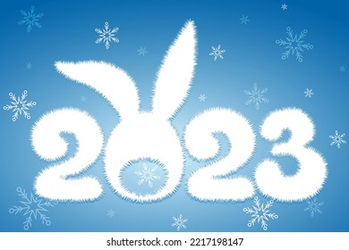 Cute fluffy white cartoon 2023 new year number with Rabbit tail and ears. Chinese new year concept