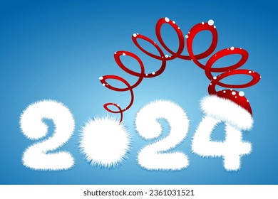 Cute fluffy white cartoon 2024 new year number with Santa Claus hat. Christmas, new year concept